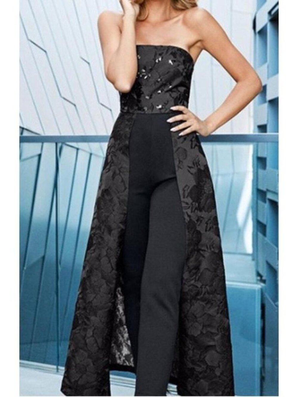 VENUS Black Strapless Sequin Jumpsuit with Floral Overlay.